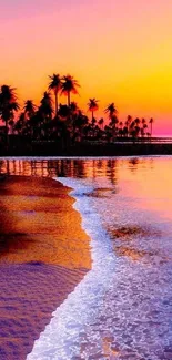 Vibrant tropical sunset with palm trees and ocean waves on a tranquil beach.