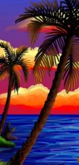 Tropical beach sunset with palm trees and vibrant purple sky.