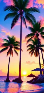 Tropical sunset with palm trees on a beach during a vibrant evening.