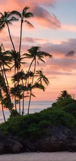 Tropical island with palm trees at sunset on a serene beach.