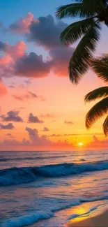 Stunning tropical sunset with palm trees and colorful ocean waves on a beach.