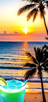 Tropical beach sunset with palm trees and drink.