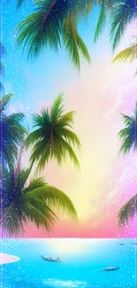 Tropical sunset beach wallpaper with palm trees and an ocean view.