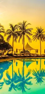 Tropical sunset with palm trees reflected in a calm blue pool.