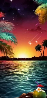 Vibrant tropical sunset with ocean and palms.