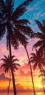 Tropical sunset with palm tree silhouettes against a vibrant sky.