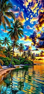 Vibrant tropical sunset with palm trees and a colorful sky over the ocean.