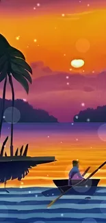 Illustrative tropical sunset wallpaper with boat and palm trees.