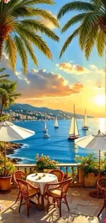 Tropical sunset with palm trees, sailboats, and a seaside view.