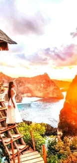 Woman gazing at sunset over a tropical cliffside, vibrant colors illuminate the scene.