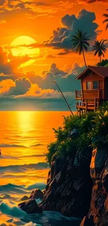 Tropical sunset over ocean with cliffside house and palm trees.
