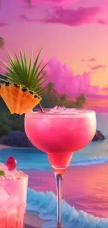 Tropical beach sunset with vibrant cocktails in foreground.