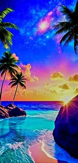 Vibrant tropical sunset with palm trees and ocean view.