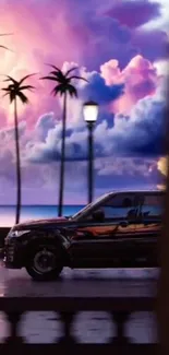 SUV driving against a vibrant tropical sunset with palm trees.