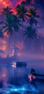 Fantasy tropical sunset with palm trees and boats on calm water.