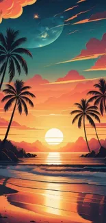 Tropical sunset art with palms and ocean for mobile wallpaper.