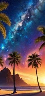 Tropical beach sunset with palm trees, vibrant sky, and starry galaxy.