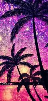 Tropical palm trees with galaxy sunset in pink and purple hues.