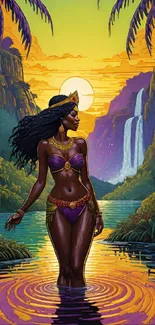 Goddess in a tropical sunset with waterfalls and vibrant colors.