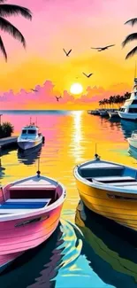 Tropical sunset harbor with colorful boats and palm trees.