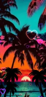 Tropical sunset wallpaper with palms and heart lights.