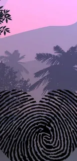 Tropical sunset wallpaper with fingerprint heart silhouette.