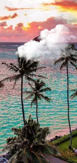 Tropical island sunset with palm trees and vibrant colors by the ocean.