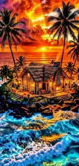 Vibrant tropical sunset with island cabin and palm trees.