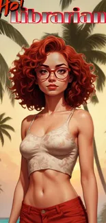 Stylish librarian in a tropical setting with palm trees and sunset vibe.