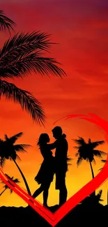 Silhouette couple at tropical sunset with heart and palms.