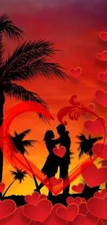 Romantic sunset with couple silhouette and hearts.