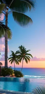 Vibrant tropical sunset with palm trees and ocean view.