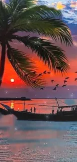 Tropical sunset wallpaper with palm and ship.