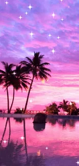 Purple sunset with palm trees and water reflection.