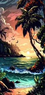Illustrated tropical sunset with ocean and palm trees.
