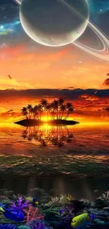 A surreal tropical sunset with an alien planet above a palm island in vivid colors.