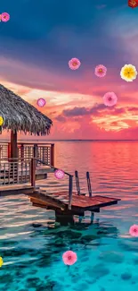 Overwater bungalow with vivid tropical sunset and ocean view.