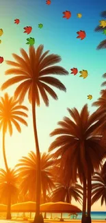 Tropical sunset with palm trees silhouetted against a vibrant sky.