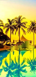 Tropical sunset with palm trees reflected in a pool, under a golden sky.