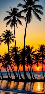 Tropical beach sunset with silhouetted palm trees and vibrant sky.