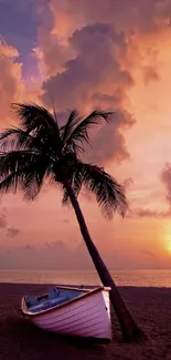 Mobile wallpaper of a palm tree against a vibrant tropical sunset on the beach.