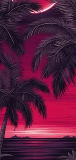 Tropical sunset with palm trees under a magenta sky.