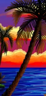 Tropical sunset with palm trees against a vibrant sky.