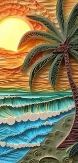 Tropical paper art wallpaper featuring sunset, ocean, and palm tree.