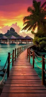 Tropical sunset with palm trees and overwater bungalows