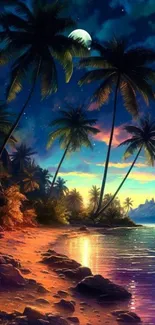 Tropical sunset wallpaper with palms and ocean.