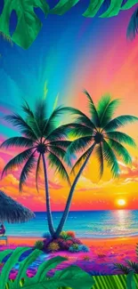 Vibrant tropical sunset with palm trees and beach scene on mobile wallpaper.