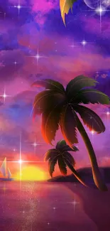 Vibrant tropical sunset with palm trees and sailboat under a starry sky.