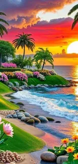 Tropical sunset with palm trees and ocean waves in vibrant colors