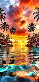 Tropical sunset with palm trees and ocean reflection.